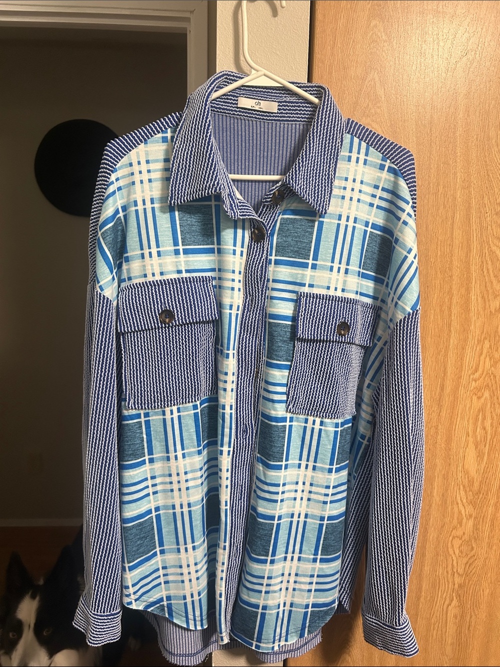 Oh Blue Plaid Button-Down Shirt with Striped Contrast Pockets